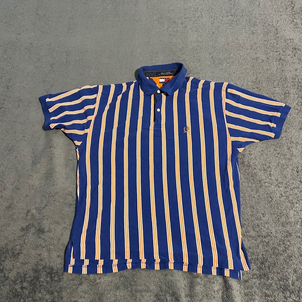 Vintage Tommy Hilfiger Mens XL Vertical Stripe Polo Shirt Blue Preppy Golf